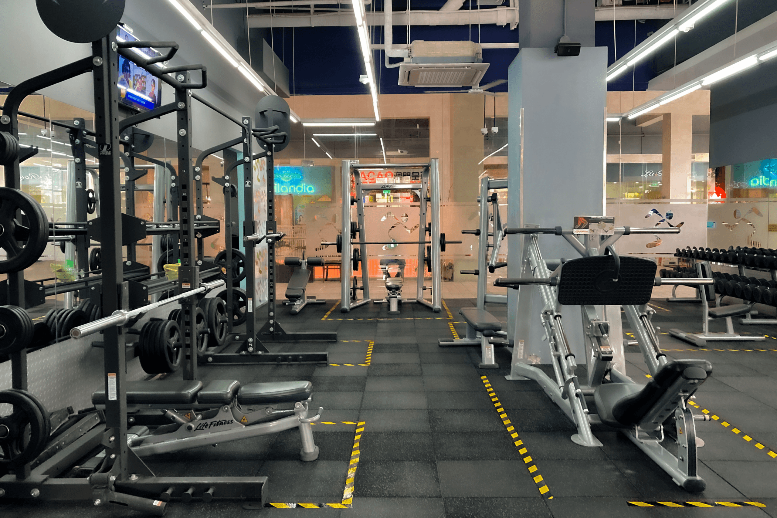 A spacious gym featuring modern exercise equipment and weights, ideal for fitness routines.